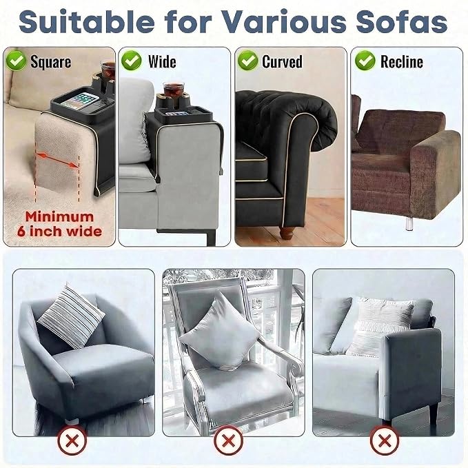 Luxury Silicone Couch Cup Holder Tray with Gold Trim, Anti-Spill Sofa Armrest Organizer, Weighted Non-Slip Recliner Tray Table for Drinks, Remote and Phone - Fits Most Couch Arms,Gift for family,Black