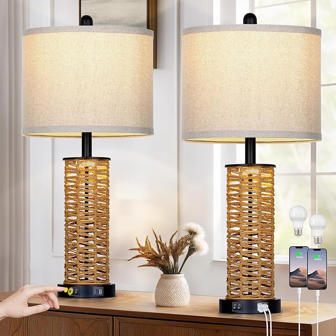 CINSARY 27" Boho Rattan Table Lamps Set of 2, Coastal Bedside Lamp with Night Light, Woven Wicker Bedroom Nightstand Lamps with USB A+C Charging Port, Tall Farmhouse Lamp for Living Room End Table
