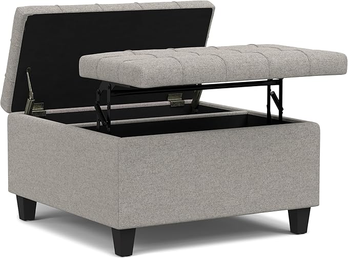 SIMPLIHOME Harrison Small Coffee Table Storage Ottoman - 30 inch Wide Upholstered Linen Look Fabric Square Lift-Top Ottoman in Cloud Grey, Transitional Ottoman for Living Room with Hidden Storage