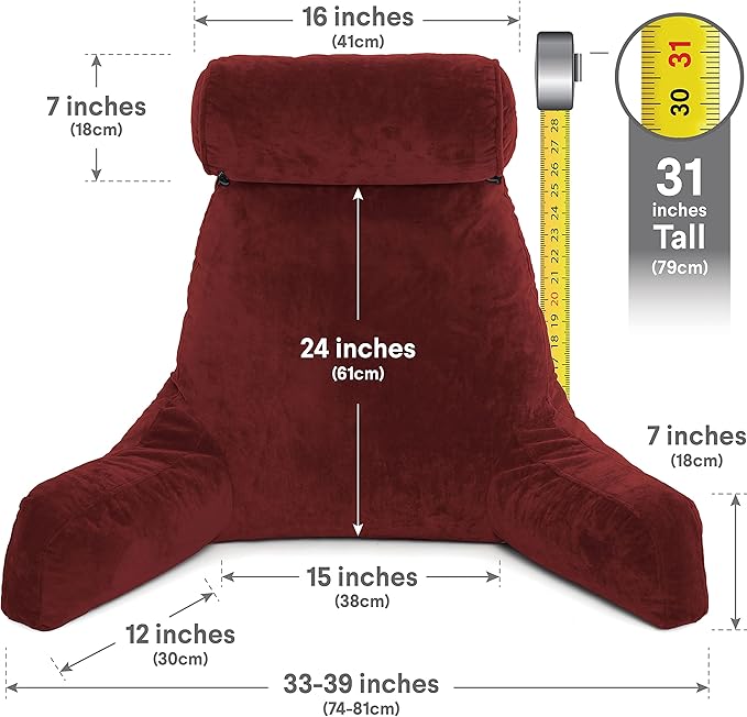 Husband Pillow XXL The Original for Adults - 30" Tall Backrest for Sitting Up in Bed - Firm Support Reading & Bed Rest Pillows for Adults, Neck Roll, Removable Cover - TV - Maroon