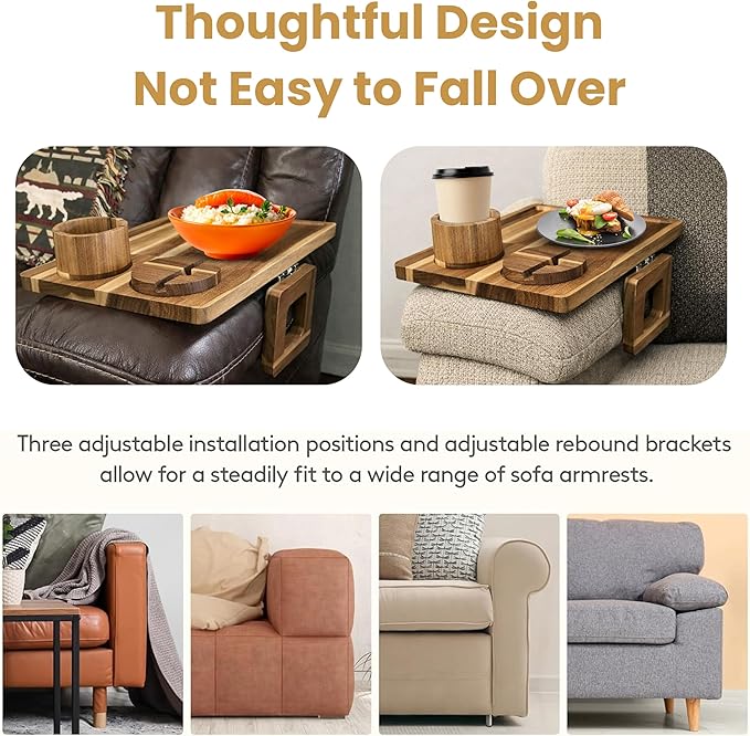 Acacia Wood Sofa Armrest Tray Table with Cup Holder & Phone Stand – 3-in-1 Clip-On Couch Arm Tray Table, Rotating Drink & Phone Holder for Couch, Sofa & Living Room