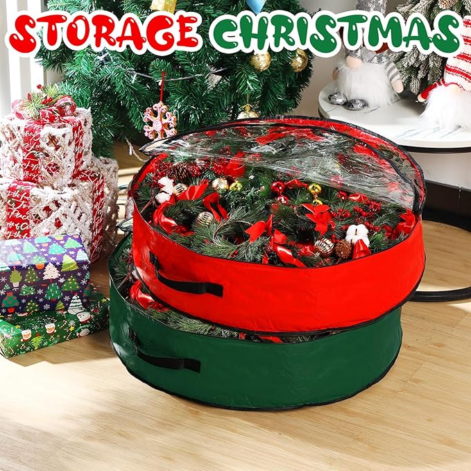 Aliceset 4 Pack Wreath Storage Containers, Ornament Garland Wreath Storage Bags with Handle Zipper Decorative Storages Box for Winter Valentine Wreaths(24 x 24 x 7.8 Inch,Red, Green)