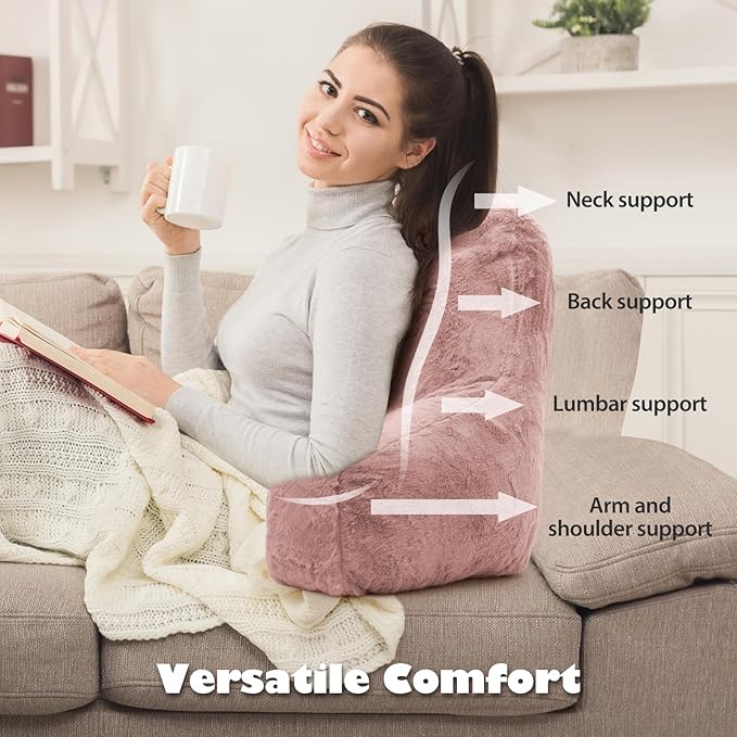 Reading Pillow for Sitting in Bed Adult, Standard Reading Pillow with Memory Foam, Back Pillow for Bed Sitting Up with Extend Arms, Pink