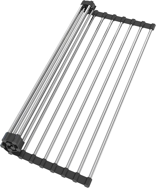 Roll Up Dish Drying Rack for Over Sink -17.5"x11.8" Foldable Stainless Steel Kitchen Drainer, Black