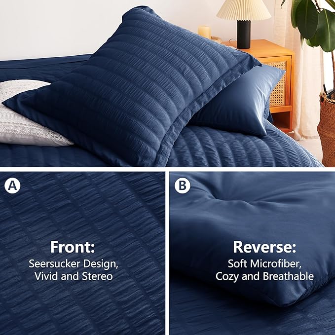 CozyLux Oversized King Comforter Set Navy Blue Seersucker 7 Pieces 120x98 Bed in a Bag Comforter Set with Sheets, Luxury Soft Bedding Sets with Down Alternative Comforter, Sheets, Pillowcases & Shams
