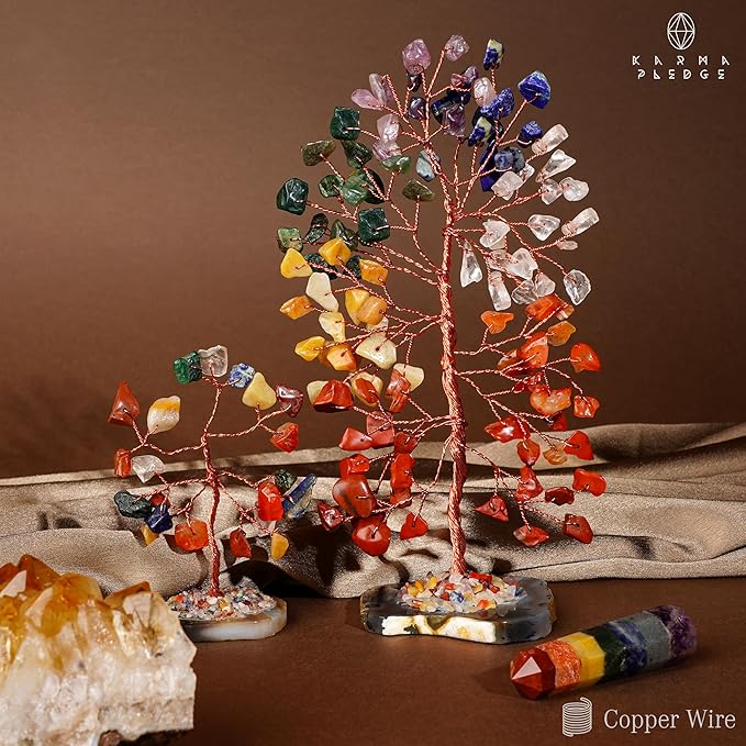 Set of 2 Crystal Trees Unique Birthday Gifts for Women, Mom & Dad, Slice Base Handmade Reiki Healing Stones for Home, Office Desk Decor, Bring Money, Positivity, Spiritual Good Luck Gifts