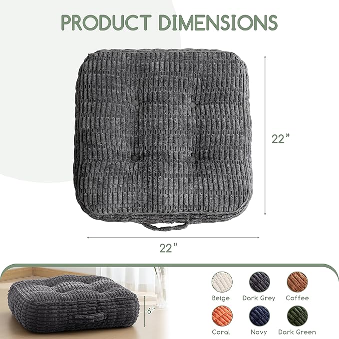 6" Washable Floor Pillow Cushion for Adults, Meditation Cushion Pillow, Removable Tufted Blended Corduroy Cover, Large Square Floor Sitting for Tatami Living Room or Yoga, 2Pack, Machine Washable
