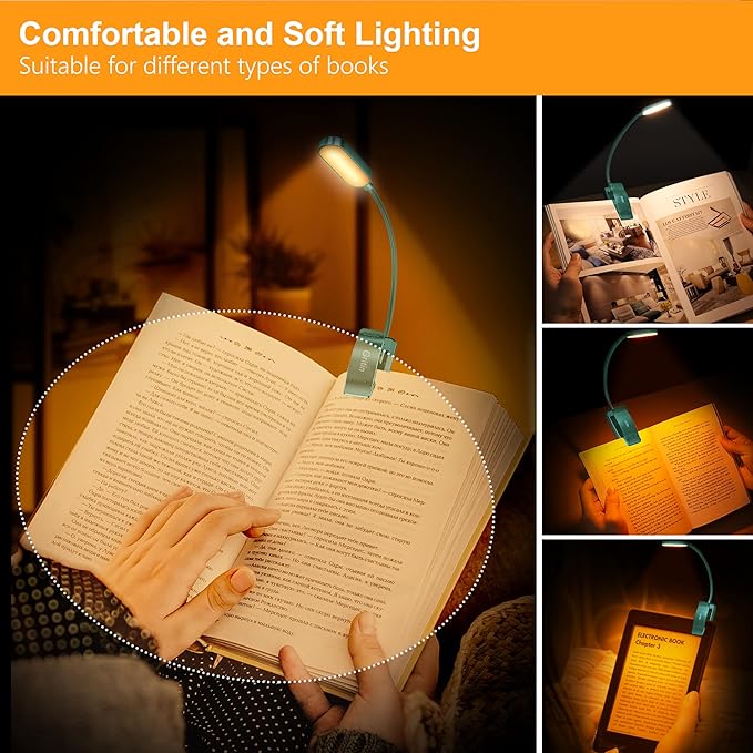 Gritin 16 LED Rechargeable Book Light for Reading in Bed- Eye Caring 3 Color Temperatures, Stepless Dimming Brightness, 80 Hrs Runtime, Lightweight Flexible Clip on Light for Book Lovers-Green