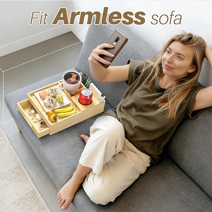 Couch Cup Holder, 7-in-1 Couch Caddy Tray, Sofa Side Table with Push-Pull Drawer to Organize and Store Small Objects, 360°Swivel Phone Holder, for Drinks, Cups, Snacks, Remote