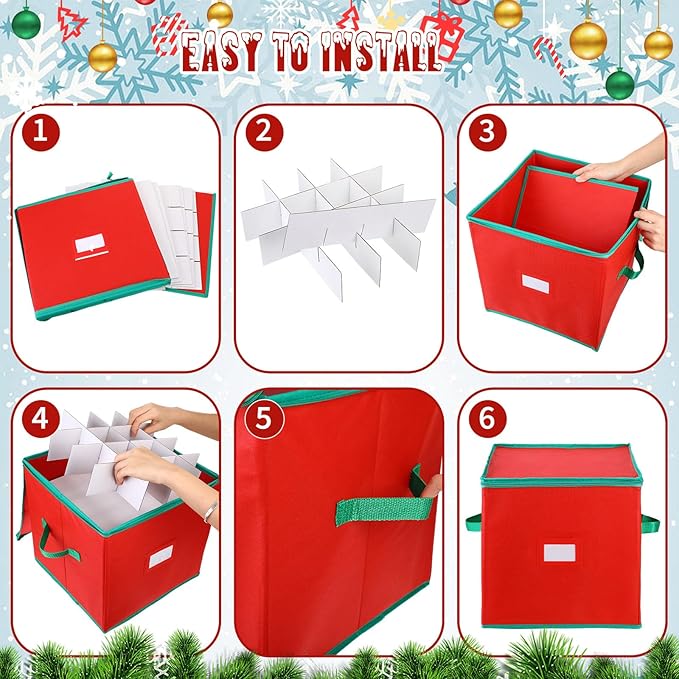 Maxcheck 4 Pcs Christmas Ornament Storage Box 16 Trays for 256 Holiday Ornaments in Total 3 Inch Decoration Organizer Storage Container with Adjustable Dividers Dual Zipper Closure Xmas Holiday