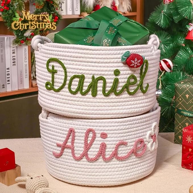 Personalized Christmas Cotton Rope Basket - Custom Holiday Gift Basket with Name - Festive Storage Organizer for Holiday Decor & Seasonal Gifts (STYLE-A)