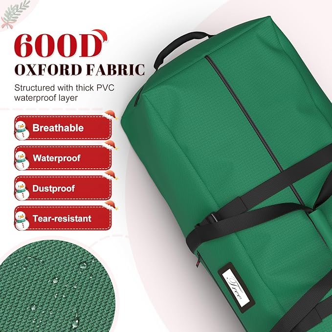 Christmas Tree Storage Bag with Rolling Wheels, Fits for 9ft Xmas Artificials, Large Xmas Storage Container with Reinforced Carry Handles and Fixed Buckle, 600D Oxford Cloth, Dual Zippers