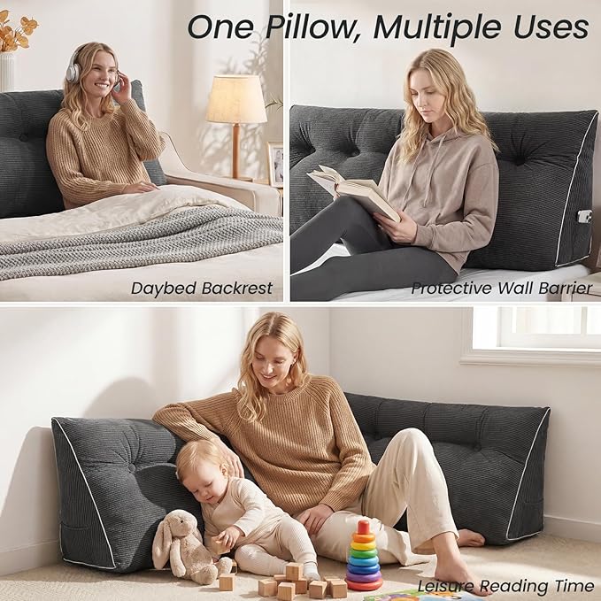 Sasttie Headboard Pillow Twin/Twin XL, Wedge Pillow Headboard for Dorm, Triangular Daybed Backrest Cushion for Sitting or Reading in Bed, with Removable Washable Cover, Dark Grey