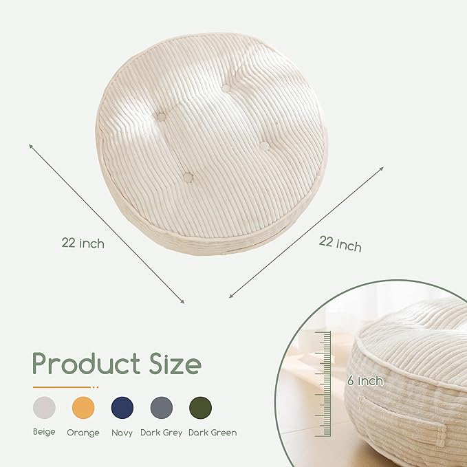 HIGOGOGO 6" Extra Thick Floor Pillow Cushion for Adults, Meditation Cushion Pillow, Large Round Floor Sitting, Tufted Corduroy Cover, for Tatami Living Room or Yoga, 22x22 Inch, 2Pack, Beige