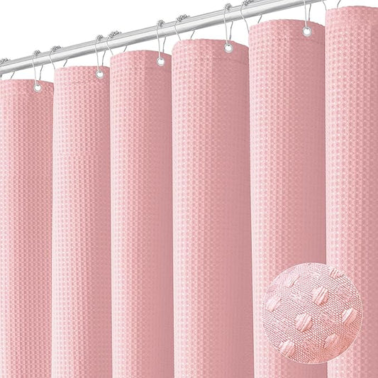 Dynamene Extra Long Shower Curtain - 84 Inch Long Waffle Weave Heavy Duty Fabric Bathroom Shower Curtain, Neutral Weighted Hotel Thick Bath Curtain Set with 12 Plastic Hooks,72x84, Pink