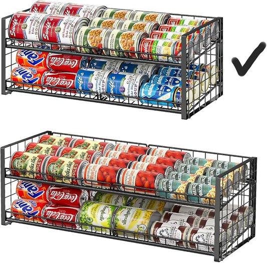 2-Tier Stackable Can Rack Organizer for Pantry Shelf, Long-Size Adjustable Can Holder for Kitchen Organization,Heavy Duty Can Dispenser for Canned Food Soup Goods up to 50 in Cabinet storage, Black