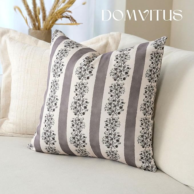 DOMVITUS Floral Throw Pillow Covers 18x18 Inch Set of 2, Block Print Decorative Pillow Covers Vintage Striped Neutral Farmhouse Boho Home Decor for Couch Sofa Bed Living Room, Grey