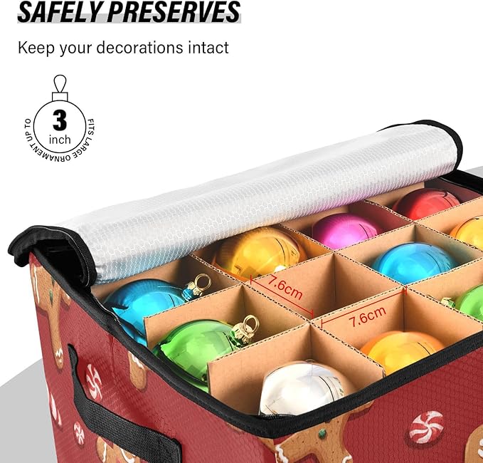 Gingerbread Man Red Christmas Ornament Storage Basket Box Winter Snowflake Bells Xmas Holiday Storage Container Cube with Adjustable Dividers for 64 Holiday Ornaments or Decorations