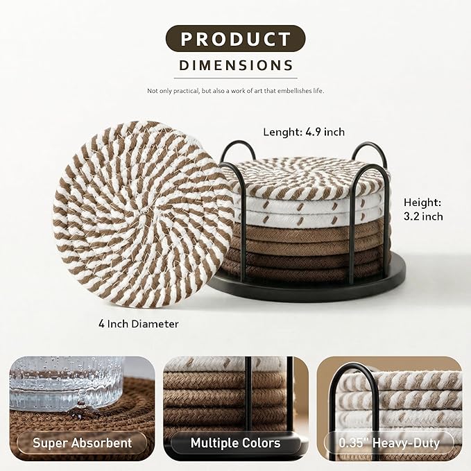 Lazebox Coasters Set of 8 for Drinks, Beer, Coffee, Cotton Woven 4 Colors Absorbent Coaster with Holder, Boho Coasters for Home Decor Tabletop Protection Suitable for Kinds of Cups