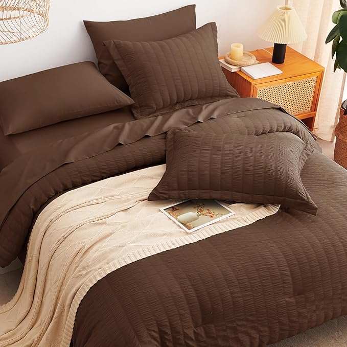 CozyLux Twin Comforter Set with Sheets 5 Pieces, Brown Seersucker Textured Bed in a Bag for Bedroom, Luxury Soft Bedding Sets with Down Alternative Comforter, Sheets, Pillowcase & Sham for All Seasons