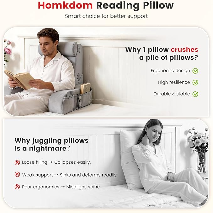 Homkdom Reading Pillow for Sitting in Bed Adult, 22" Back Pillow for Bed Sitting up with Armrests & Storage Pockets, Ergonomic Wedge Pillow for Watching TV, Gaming, Working, Recovery, 5PCS, Light Grey