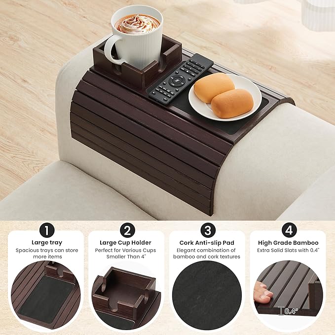 LOVYANXUE Bamboo Couch Cup Holder, Foldable Sofa Arm Tray, Anti-Slip Couch Aremrest Tray Table for Drink, Cup, Remote, Snacks, Cellphone, Portable, Mahogany