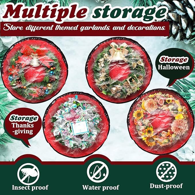 Dunzy 8 Pack Wreath Storage Container Bag 24x8 Inch Christmas Storage Container Heavy Duty Wreath Boxes with Clear Window for Xmas Holiday Ornament(Red)