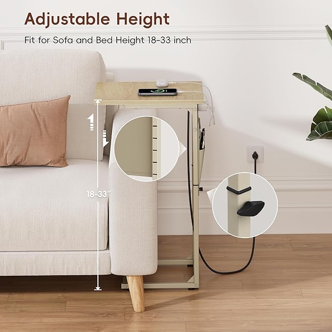 Vagusicc C Shaped End Table with Charging Station, Adjustable Height C Table End Table, Small Side Table for Couch, Couch Table Slide Under Sofa Table TV Tray Arm Table for Living Room,Bedroom,Natural