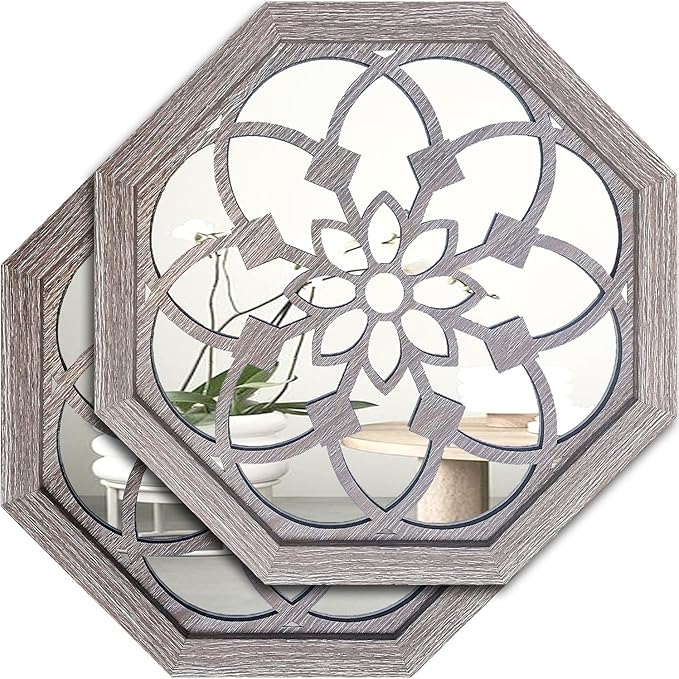 ZOLAPI 2 PCS 20 inch Octagon Wall-Mounted Mirrors,Vintage Farmhouse Mirror for Wall Decor,Barn Wood Color Decorative Accent Mirror for Foyer, Bathroom, Bedroom. (20”x20”)