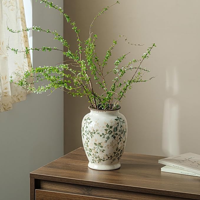 for Mom from Daughter or Son, Vintage Green & Beige Round Chinoiserie Ceramic Vase 8”, Ice Crack Floral Retro Decor for Living Room, Bookshelf, Office, Rustic Table Centerpiece