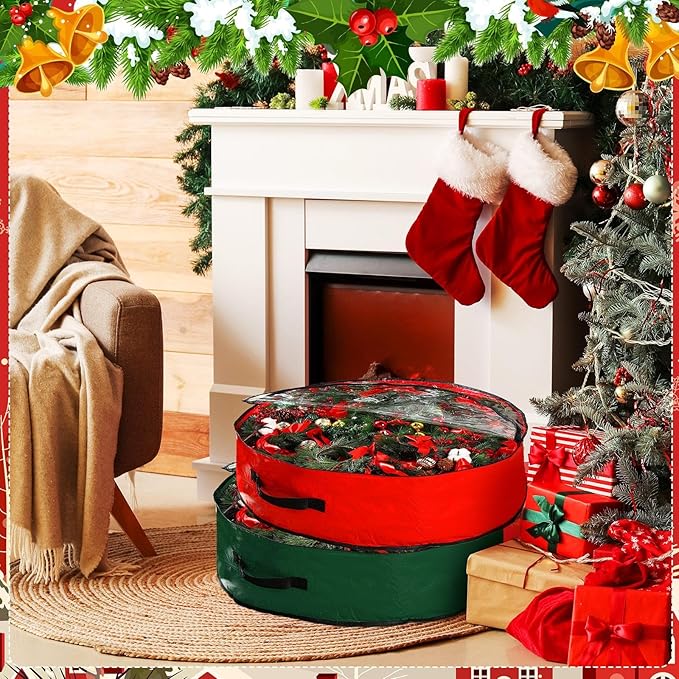 Aliceset 4 Pack Wreath Storage Containers, Ornament Garland Wreath Storage Bags with Handle Zipper Decorative Storages Box for Winter Valentine Wreaths(24 x 24 x 7.8 Inch,Red, Green)