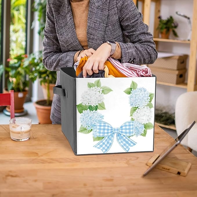 Watercolor White Hydrangea Flowers Wreath Cube Storage Bins Storage Cubes Foldable Decorative Fabric Storage Baskets Home Organizers with Handles for Shelves,Closet, 10.6 X 10.6 Inch