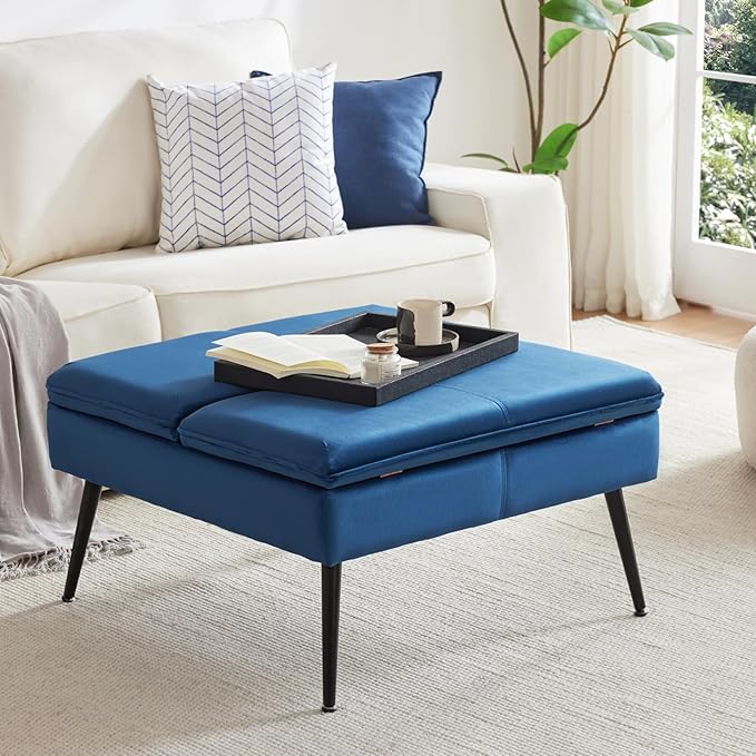 Square Ottoman with Storage, Large Oversized Ottoman Coffee Table, Double Flipping Lid & Mid-Century Modern & Velvet Style, Loads 660 lb, for Living Room, Bedroom, Entryway, Navy