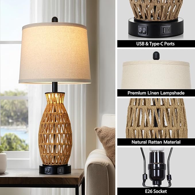 CINSARY 27" Rattan Table Lamps Set of 2 with Night Light, Boho Wicker Bedside Lamp for Bedroom with USB A+C Ports, Coastal Handwoven Woven Nightstand Lamps, Nautical Living Room Lamp for End Table