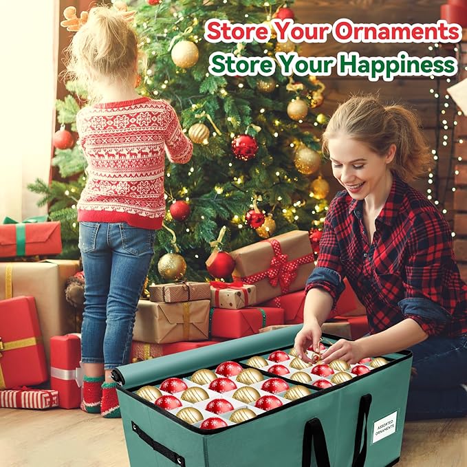 Christmas Ornament Storage Box, Ornament Storage Container with 8 Trays, Xmas Decoration Organizer Holds Up to 128 Decoration Balls, Durable 600D Oxford Material（Green）