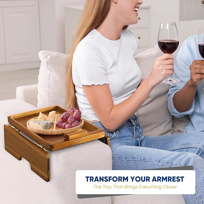 BLUEWEST Sofa Armrest Tray, Arm Table Sofa Arm Tray with Robust Large Grip Arm, Double Large SS304 Hinges & 360 Rotating Phone Bracket, Non-Slip, Flexible with Different Sofa Armrest Shapes and Width