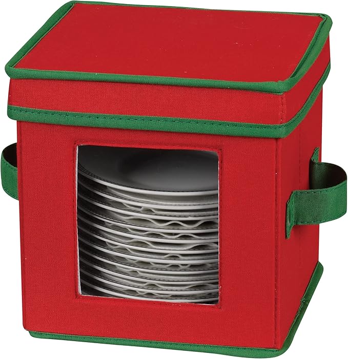 Household Essentials 530RED Holiday China Storage Chest with Lid and Handles | Storage Bin for Small Saucer Plates | Red Canvas with Green Trim
