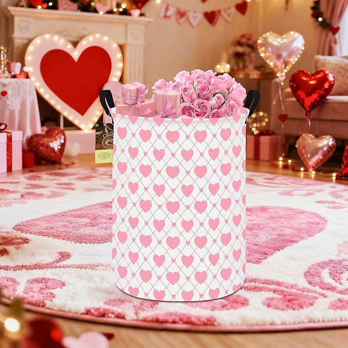 HUNRUNG Collapsible Fabric Storage Basket, Waterproof Laundry Hamper with Handles, Round Storage Bin for Clothes Toys, Foldable Organizer for Bedroom Nursery Bathroom(Round-Heart)