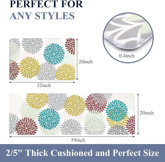 HEBE Anti Fatigue Kitchen Rugs Sets of 2, Non Slip Kitchen Mats for Floor, Waterproof Cushioned Comfort Standing Carpet for Kitchen Sink, Home Office, Laundry Room