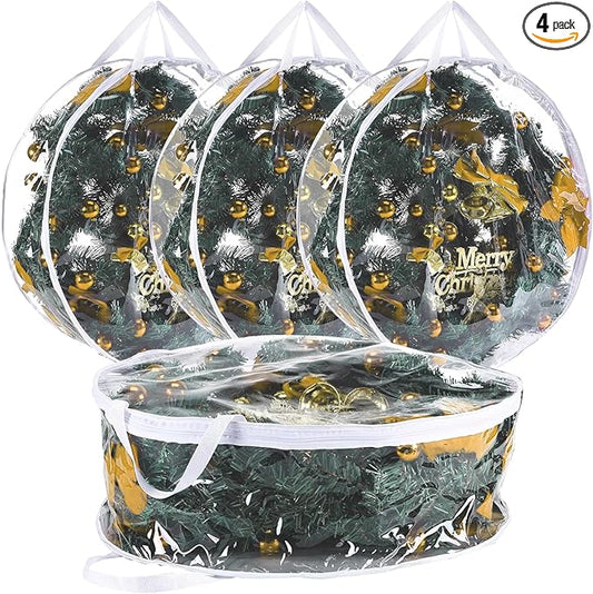 4 PCS Clear Wreath Storage Bag, 24x8 Inch Christmas Wreath Storage Container, Heavy Duty PVC Wreath Protector with Handle for Xmas Holiday Seasonal Wreath Garland (White)