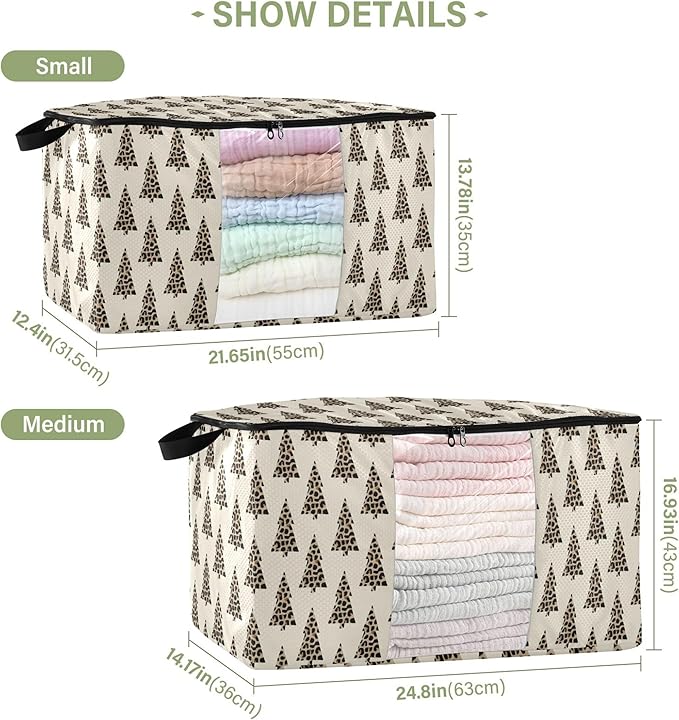 Burbuja Christmas Tree Leopard Clothes Storage Bag with Lids and Handle, 2 Pack Foldable Blanket Storage Container with Sturdy Zipper & Clear Window for Bedroom Closet, 60L