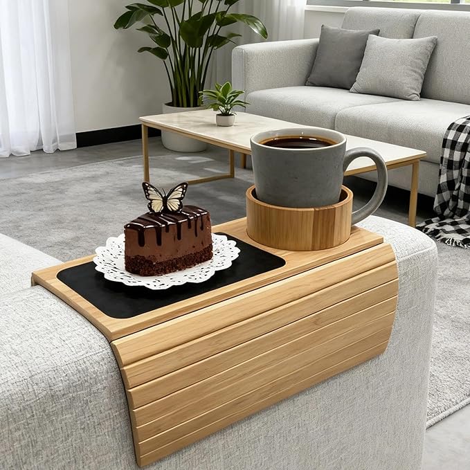 Couch Armrest Table with Cup Holder - Bamboo Couch Cup Holder 3-in-1 Magnetic Detachable, Anti-Slip Foldable Sofa Arm Tray for Drink, Snack, Coffee, Mugs, Remote, Cellphone, Cup (Natural)