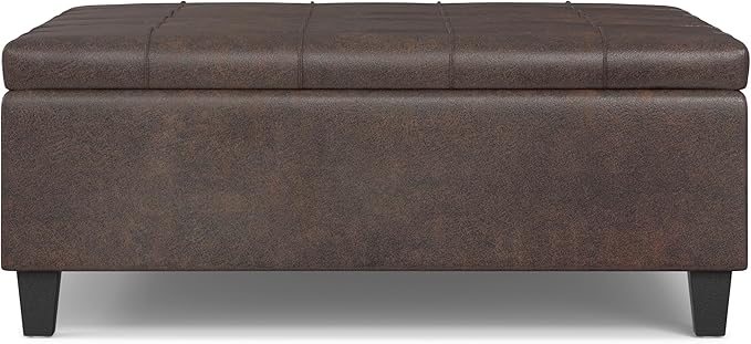 SIMPLIHOME Harrison Large Coffee Table Storage Ottoman - 40 inch Wide Upholstered Vegan Leather Square Lift-Top Ottoman in Distressed Brown, Transitional Bench for Living Room with Sturdy Base