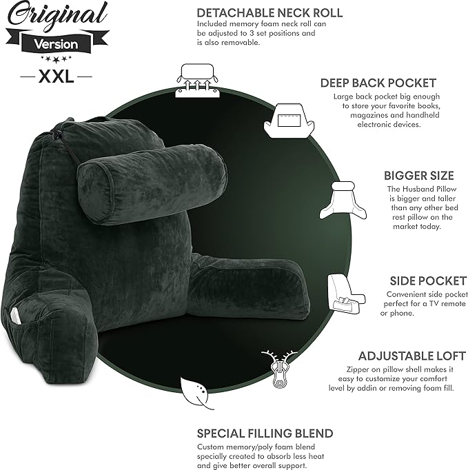 Husband Pillow XXL The Original for Adults - 30" Tall Backrest for Sitting Up in Bed - Firm Support Reading & Bed Rest Pillows for Adults, Neck Roll, Removable Cover - TV - Dark Green