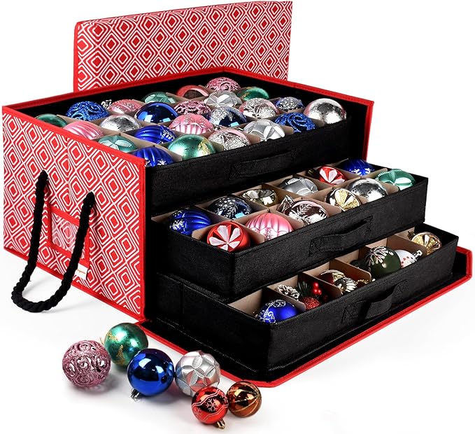 Christmas Ornament Storage Box,Christmas Ornament Organizer Storage Box with Dividers,Stackable 3 Drawer Organizers,Holds 3 Inch 72 Ornaments,Ornament Organizer,Christmas Ball Storage Container