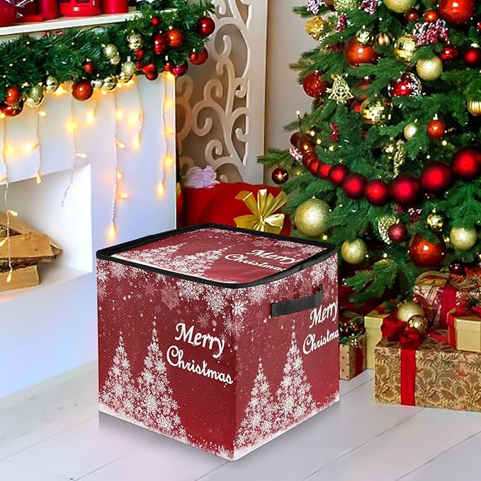 Christmas Tree Ornament Storage Basket Box Red Snowflake Winter Xmas Holiday Storage Container Cube with Adjustable Dividers for 64 Holiday Ornaments or Decorations Keeps Clean and Dry for Next Season