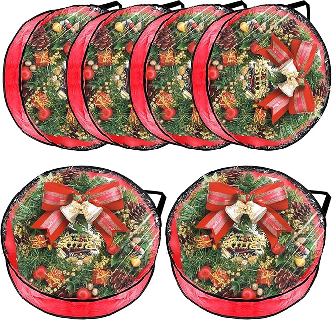 YAYODS 6 Pack Wreath Storage Container Bag 30 Inch Christmas Wreath Storage Bag Heavy Duty Christmas Wreath Boxes with Clear Window for Xmas Holiday Seasonal Wreath Garland(Red)