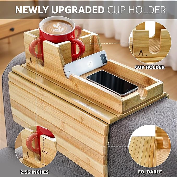 Bamboo Couch Arm Tray with Non-Slip Mats, Slide-Away Upper Tray, Adjustable Fit for Various Sofa Armrests – Ideal for Snacks, Drinks, Remotes and Electronics (Natural)