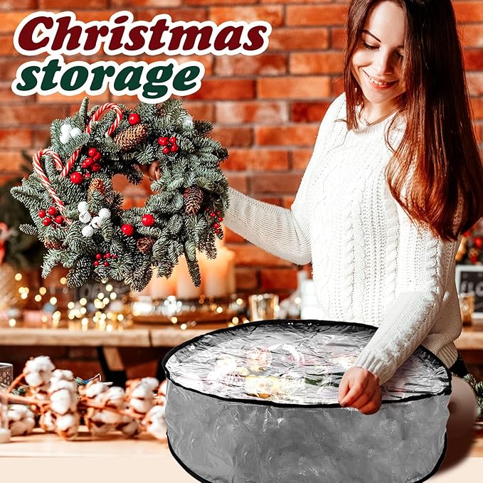 Dunzy 8 Pieces Wreath Container Christmas Wreath Storage Bag Garland Tear Resistant Fabric Round Boxes with Clear Window for Storage for Xmas Holiday Ornament(24×24×7.8 Inch,Gray)