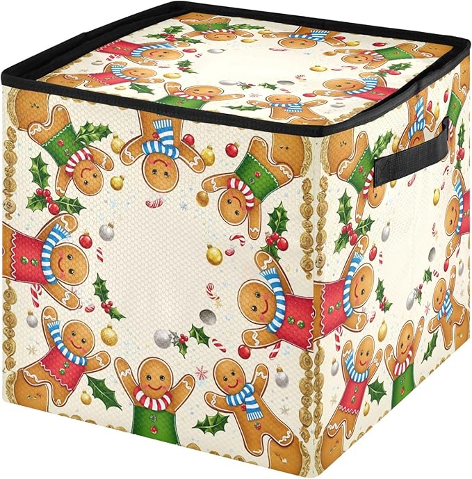 Gingerbread Man Red Christmas Ornament Storage Basket Box Winter Xmas Bells Holiday Storage Container Cube with Adjustable Dividers for 64 Holiday Ornaments or Decorations Keeps Clean and Dry